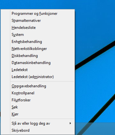 Denne menyen spretter frem når du trykker Windows + X.