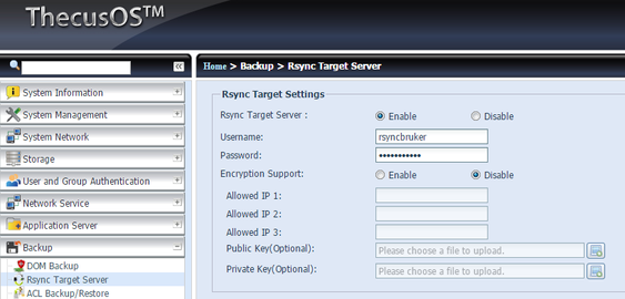 En Thecus-NAS satt opp som enkel rsync-server.