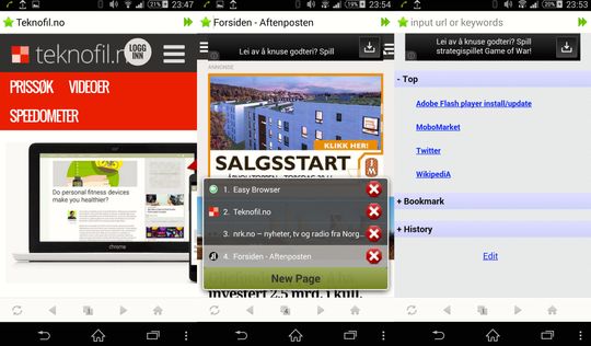 Easy Browser gjør det helt grunnleggende. Kvaliteten er imidlertid varierende, og Teknofil.no var ikke noe den helt ville spise. I midten sees faneinndelingen fra bunnen, til høyre er startssiden.