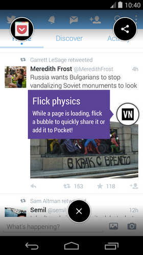 Slik ser de små boblene i Link Bubble ut. Her ligger de oppå Twitter.