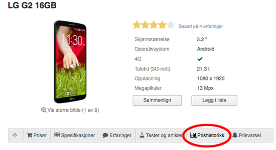 Hvis du lurer på om varen faktisk er så mye billigere som butikken lover, kan det lønne seg å sjekke produktsidene i Prisguide. Der kan du få vist prishistorikk for produktet.