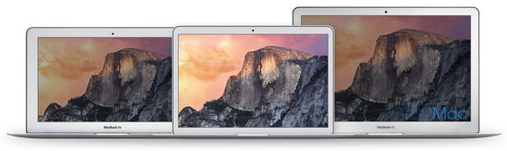 Fra venstre: Dagens MacBook Air 11", illustrasjon av MacBook Air 12" og dagens MacBook Air 13".