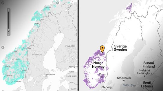 Telenors 4G-dekning til venstre. NetComs 4G-dekning til høyre.