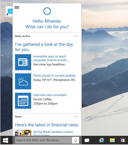 Cortana flytter inn i Windows 10-oppgavelinjen,.