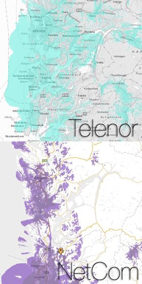 Dekningen din kan avhenge en del av hvilket nett du er i. Særlig når det kommer til 4G-dekning er dette sant, noe dekningskartene til Telenor og NetCom i Bergensområdet viser tydelig.