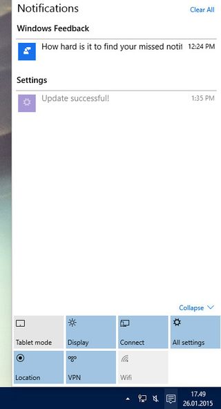 Varslingssenteret er litt kronglete å nå og støttes ikke av mange Apper ennå, men kan på sikt spille en viktig rolle i Windows 10.