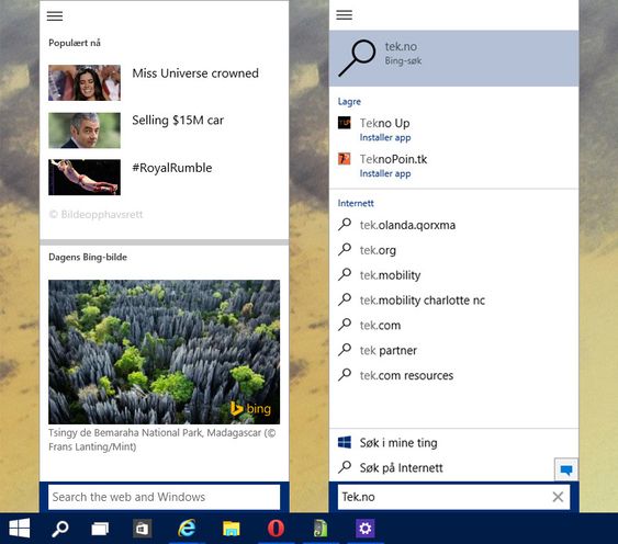 Søket er ikke helt ferdig ennå og gir ikke de beste treffene. På sikt vil du kunne snakke til taleassistenten Cortana herfra.
