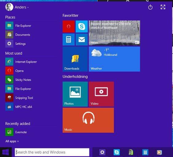 Startmenyen kombinerer det beste fra Windows 7 og Windows 8. Resultetet overbeviser.