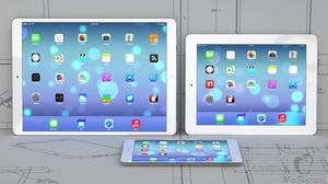 Denne illustrasjonen fra Gizmochina viser hvordan en 12,9-tommers iPad Plus kan komme til å se ut. iPad 2 til høyre, og iPad Mini foran.