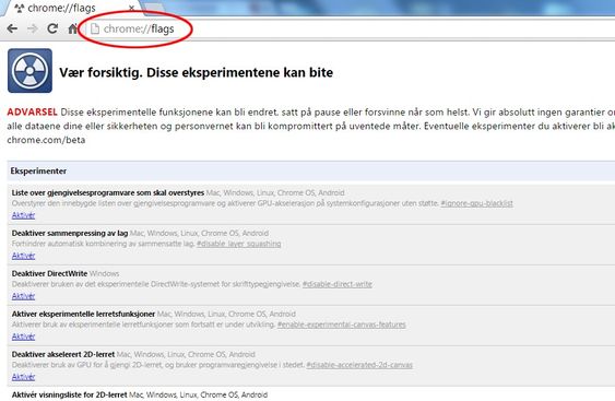 Skriv «chrome://flags» helt i toppen for å åpne menyen.