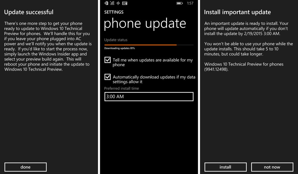 Å oppdatere telefonen til Windows 10 Technical Preview for phones tar litt tid, og bør helst gjøres når du ikke trenger telefonen med det første.