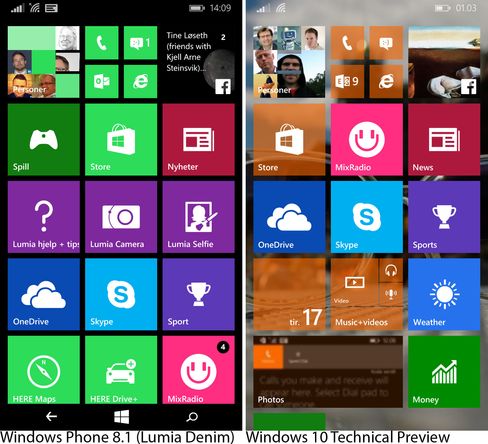 Så fort vi har fått valgt bakgrunnsbilde på Windows 10-telefonen blir i hvert fall én designforskjell fra Windows Phone 8.1 til Windows 10 synlig.