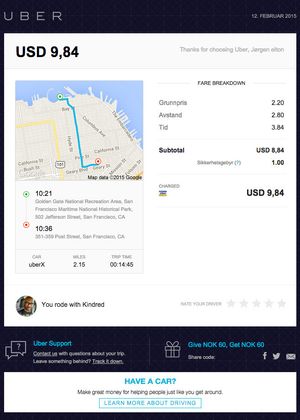 Lurer du på om sjåføren tok en omvei for å tjene noen ekstra kroner? Kvitteringen du får tilsendt på mail etter at turen er over viser nøyaktig hvor du kjørte, og hvem du kjørte med. .