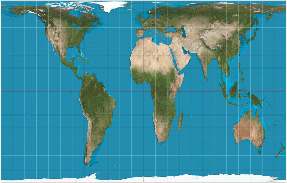 Dette er et verdenskart der Afrika faktisk er omtrent 14,5 ganger større enn Grønland, slik også virkeligheten er. Områder nærme ekvator er imidlertid strukket i nord-sør-retning og områdene nærme polene er flattrykte.