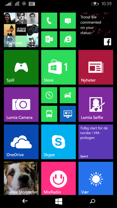 Hjemmeskjermen ser slik ut i dag, men vil i løpet av noen måneder bli erstattet av en litt oppfrisket variant i Windows 10.