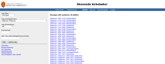 Jakten begynner her, i kirkebøkene for Oddernes.