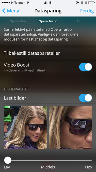 Du kan spare mer data ved å aktivere Video Boost-funksjonen i innstillingsmenyen. Her kan du pgså justere bildekvaliteten. Vi valgte lav kvalitet da dette ser helt greit ut og sparer desidert mest datatrafikk.