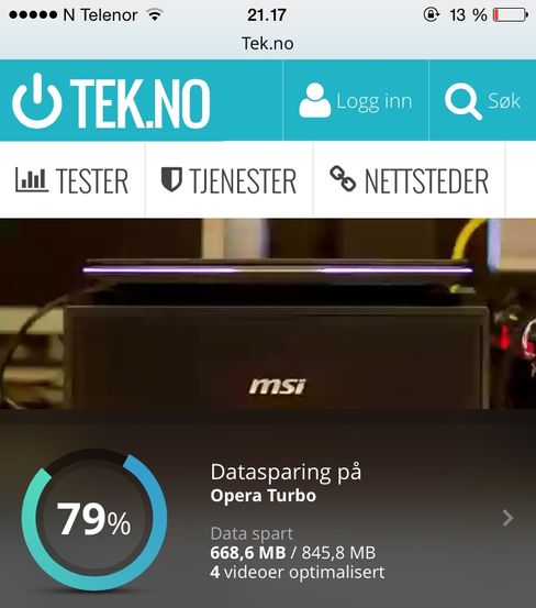 Etter flere hundre nettsider og fire videosnutter kunne vi se at vi hadde spart 79 prosent datatrafikk med Opera Minis Turbo-modus og laveste kvalitet på bilder.