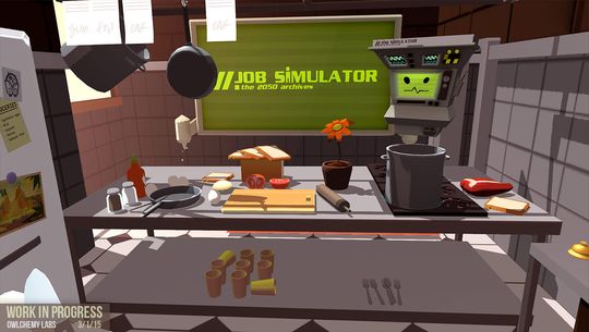 Vi prøver oss på Job Simulator. Underveis knuser vi en kniv, kverker en ketchup-flaske i mikrobølgeovnen og lager «suppe» basert på et helt biffstykke, to tomater og en gulrot.
