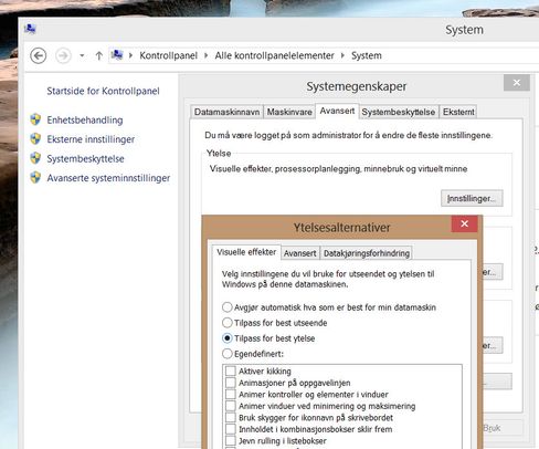 Deaktivere alle animasjoner og effekter for å gi prosessor og grafikkbrikke mindre belastning og spar strøm.