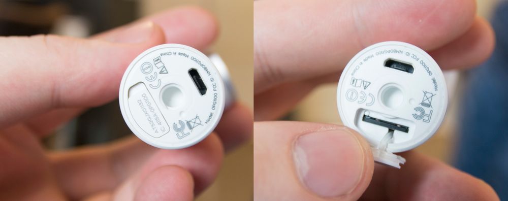 Under kameraet finner du en luke med plass for minnekort, og en hendig reset-knapp i fall du glemmer passordet for trådløs tilkobling. Her har vi også micro-USB-kontakt for lading og filoverføring.