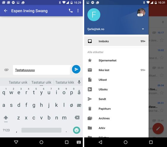Tastaturet på Nexus 6 er svært presist. En helt ny GMail-app følger også med, og tillater deg å ha både GMail og Exchange-kontoer på samme sted.