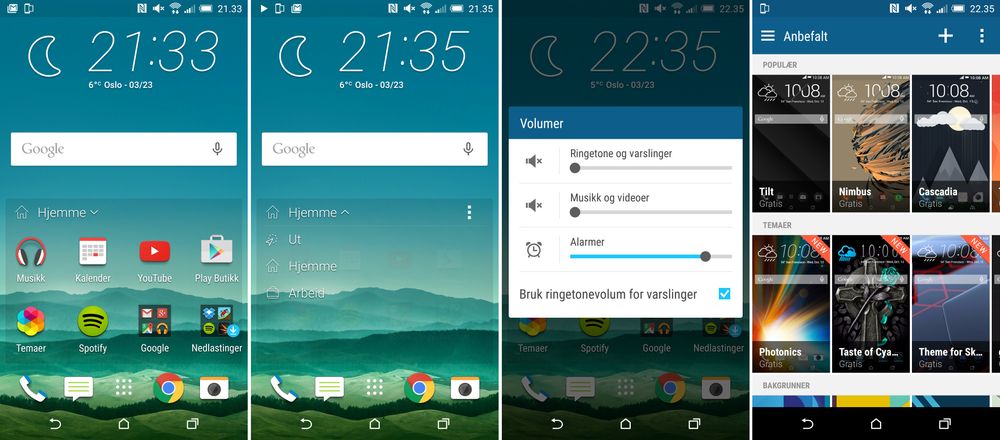 De nye hjemmeskjermene kan foreslå ulike apper avhengig av hvor du er. Legg dessuten merke til at HTC One M9 har den gode gamle stillemodusen som ren Android ikke lenger støtter.