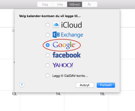 Å legge inn Google-kalenderen din i Mac-kalenderen er såre enkelt. Bare velg «Google» i denne boksen.