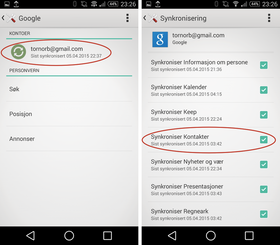 Huk av for kontakter i Android-innstillingene, så får du Google-kontaktene dine på telefonen.