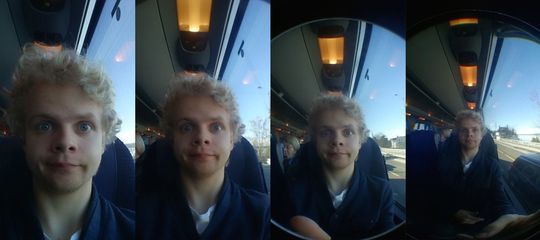 Fire selfier tatt fra samme avstand med frontkameraet: Uten objektiv, med vidvinkel, med Fisheye (180°) og Super Fisheye (235°).