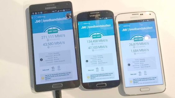 Her ser vi hastighetstester på, fra venstre: 4G+, 4G og 3G.