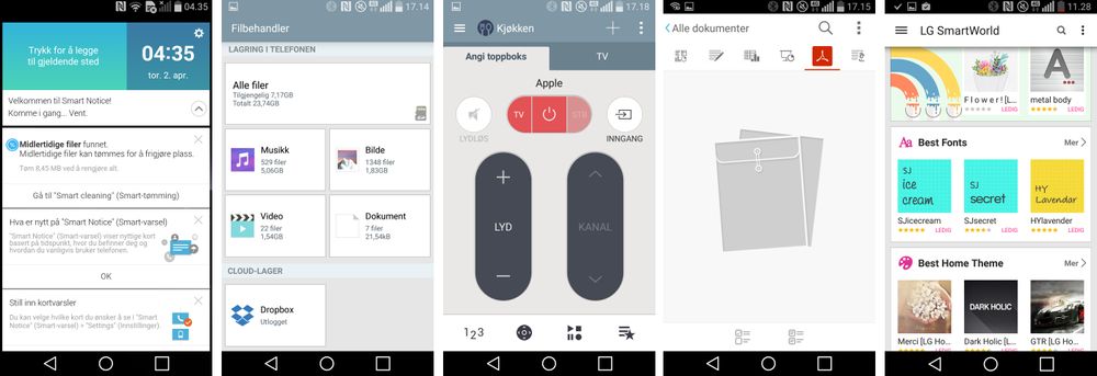 Noe av apputvalget som følger med på LG G Flex 2. Merk at Smart Notice-widgeten har sagt «Komme i gang ... vent» hele uken, til tross for at den har funnet flere gjøremål underveis.