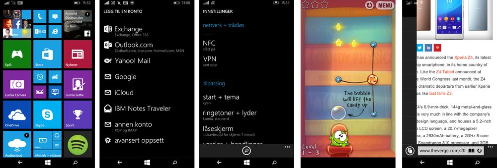 Noen skjermdumper fra Lumia 640. Helt til høyre er nettstedet The Verge som har slått krøll på seg i nettleseren. Det var imidlertid nesten kun her vi opplevde problemer med nettleseren.