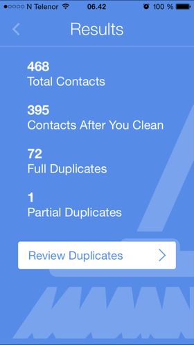 Cleanup Duplicate Contacs fant 72 duplikater i kontaktlisten.