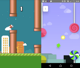 Flappy Bird til venstre, Android-spillet til høyre. Det er nøyaktig samme konsept.