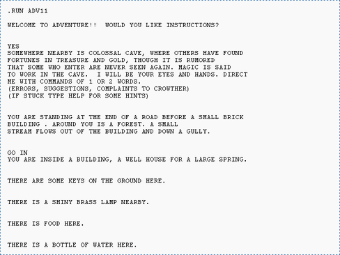 Utskrift av den første «skjermen» av Colossal Cave Adventure spilt på PDP-10.