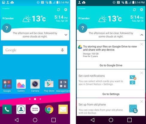 Slik ser menyene i LG G4 ut. Til høyre ser du eksempler på smarte meldinger telefonen kan sende deg.