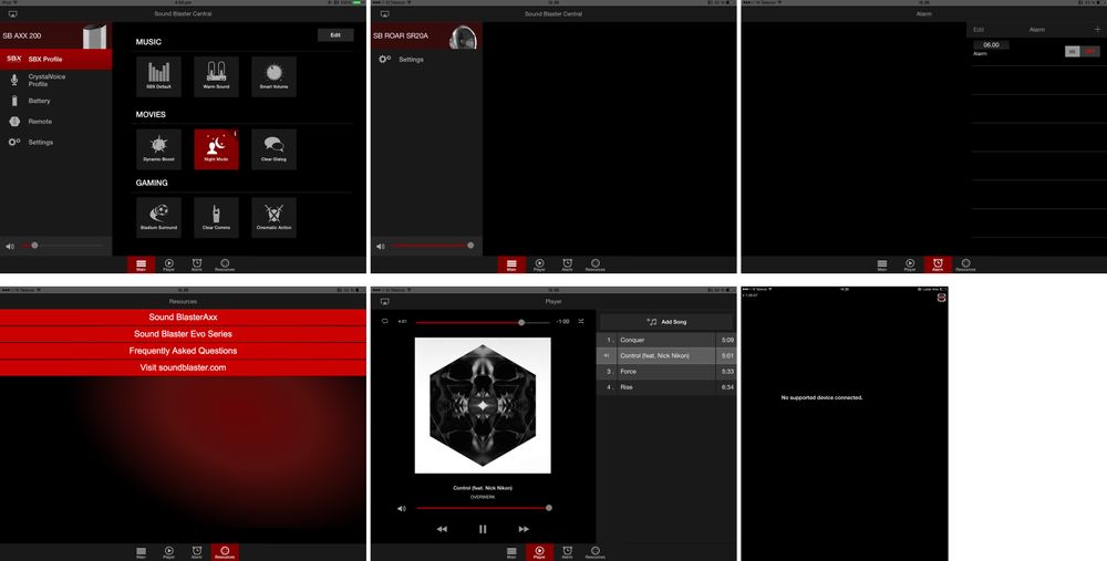 Øverst til venstre ser du hvordan Creative viser frem Sound Blaster-appene sine. Resten av skjermbildene viser realiteten for Sound Blaster Roar.