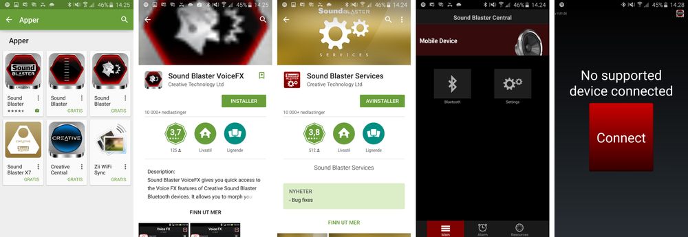 På Android får vi opp flere apper som skal kunne gjøre ymse opp mot Creatives Sound Blaster-produkter. Vi fikk ingen av dem til å virke.