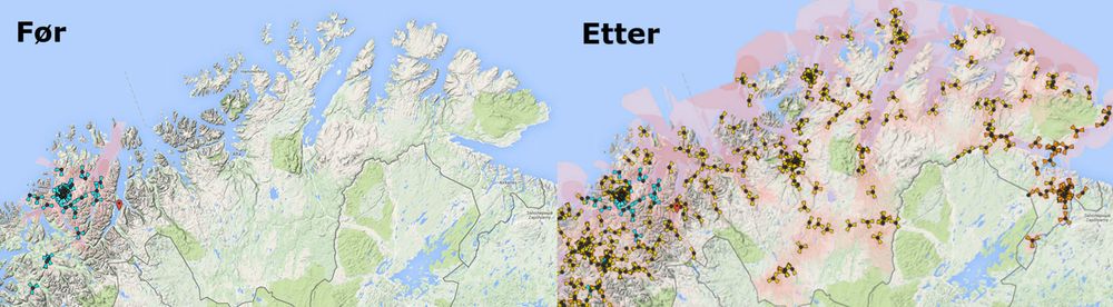 NetComs 4G-dekning i Finnmark før og etter utbyggingen som skal være ferdig i løpet av 2015.