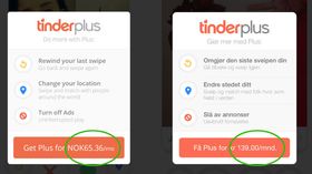 Stoooort sprik mellom billigst og dyrest i Tinder Plus.