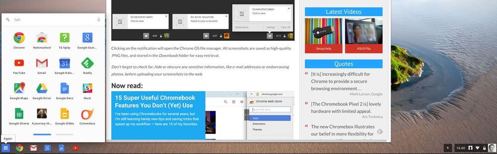 Chrome OS. Menyknappen nederst i venstre hjørne viser alle appene dine, og lar deg søke. I en oppdatering endret denne seg til et forstørrelsesglass, og app-menyen dukker nå opp midt på skjermen i stedet.