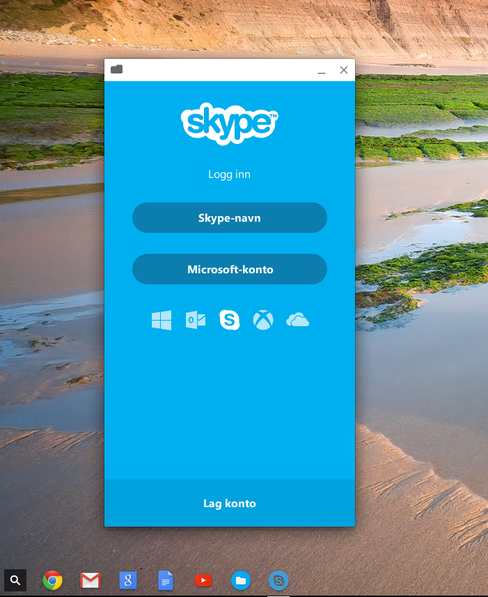 Her kjører vi Skype for Android under Chrome OS. Det var kun innlogging med Skype-navn vi fikk til å fungere, men da kunne ikke alle mine gamle Messenger-kontakter se meg – selv om de to kontene er koblet sammen.