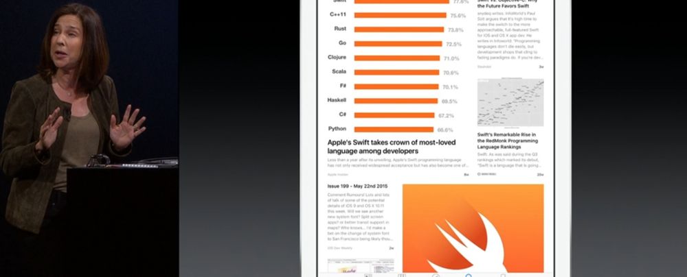 Apple demonstrerer søk i News-appen fra scenen.