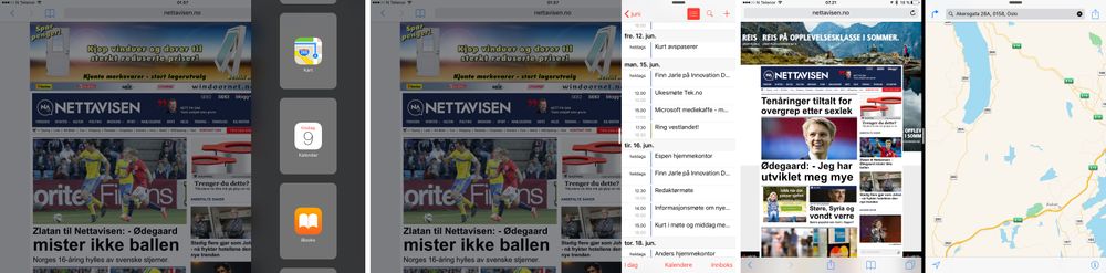På bildene til venstre og i midten ser du den såkalte Slide Over-funksjonaliteten. Den blir tilgjengelig på alle iPader, mens Split View som du ser helt til høyre er forbeholdt toppmodellen iPad Air 2.