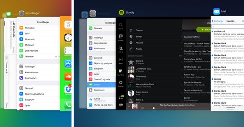 Slik ser den nye oppgavevekslingen i iOS 9 ut. iPhone 6 Plus til venstre, iPad Air 2 til høyre.