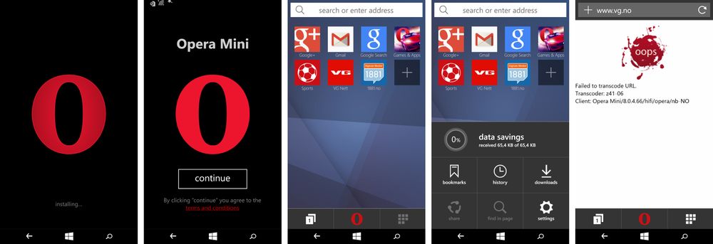 Å installere appen går kjapt og greit. Opera Mini har den sedvanlig Speed Dial-menyen vi kjenner fra flere nettlesre, der bokmerker plasseres i nyåpnede faner. Innledningsvis går det ikke helt knirkefritt å laste inn sider, som du kan se på skjermdumpen til høyre.