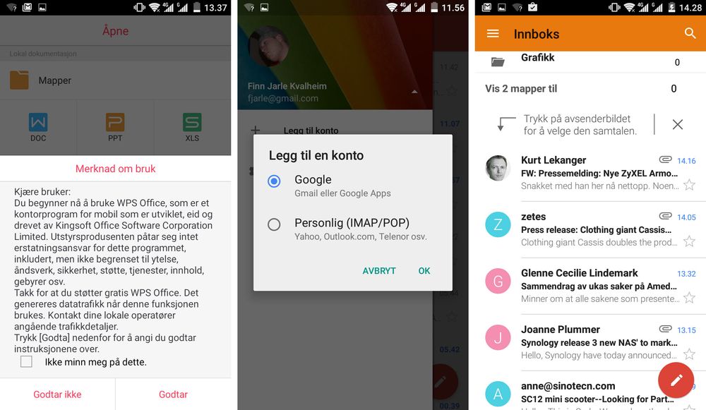 Det følger med en finfin Office-variant, men vi blir litt skeptiske til advarselen. Og hvorfor kan ikke GMail-appen koble seg til Exchange? Det er en stund siden lansering, og så langt er det kun Nexus-produkter og Sonys Xperia Z3+ som får til dette.
