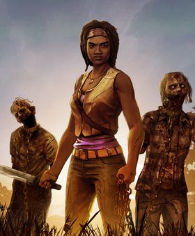 Michonne med katanaen og hennes to følgesvenner.
