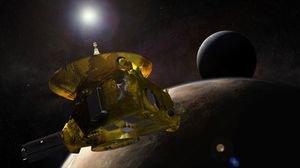 Illustrasjonsbilde av New Horizons-sonden utenfor Pluto og månen Charon.